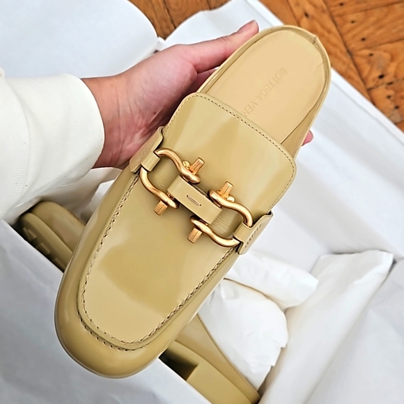 Bottega Veneta Shoes - Bottega Veneta Patent Leather Mule Slides in Light Olive with Gold Hardware